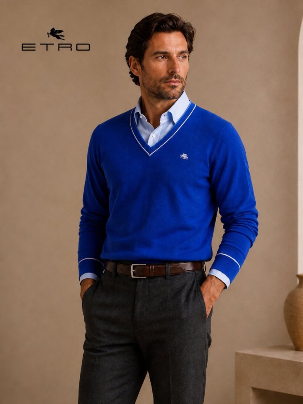 Etro Men's V-Neck Wool Sweater in Royal Blue with Contrast Trim NWT Size XL